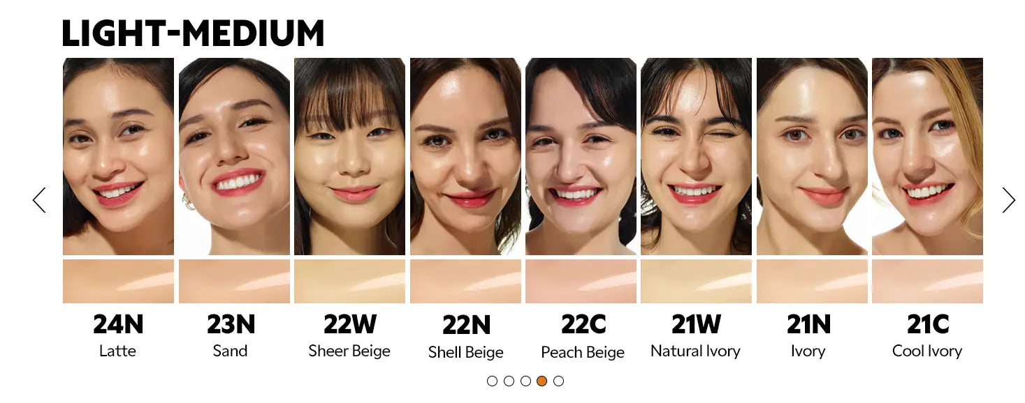 Diverse group of women with various light-medium skin tones ranging from latte to cool ivory, showcasing the shade range of TIRTIR Mask Fit Red Cushion Foundation with smooth, radiant finishes.