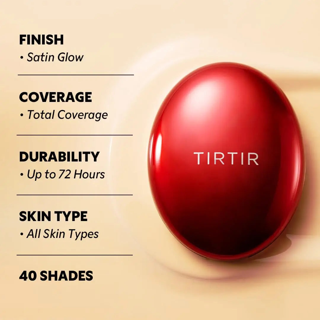 Red oval compact of TIRTIR Mask Fit Red Cushion Foundation highlighting satin glow finish, total coverage, up to 72 hours durability, suitable for all skin types, available in 40 shades.