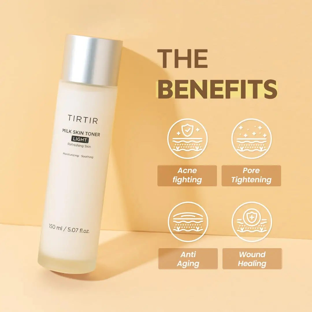 TIRTIR Milk Skin Rice Toner Light 150ml bottle on beige background highlighting benefits including acne fighting, pore tightening, anti aging, and wound healing.