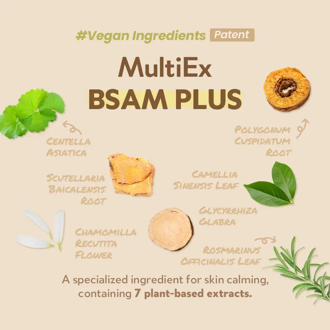 Natural plant-based ingredients including centella asiatica, scutellaria baicalensis root, chamomilla recutita flower, polygonum cuspidatum root, camellia sinensis leaf, glycyrrhiza glabra, and rosmarinus officinalis leaf, highlighting the key components of TIRTIR Milk Skin Rice Toner Light 150ml for skin calming.