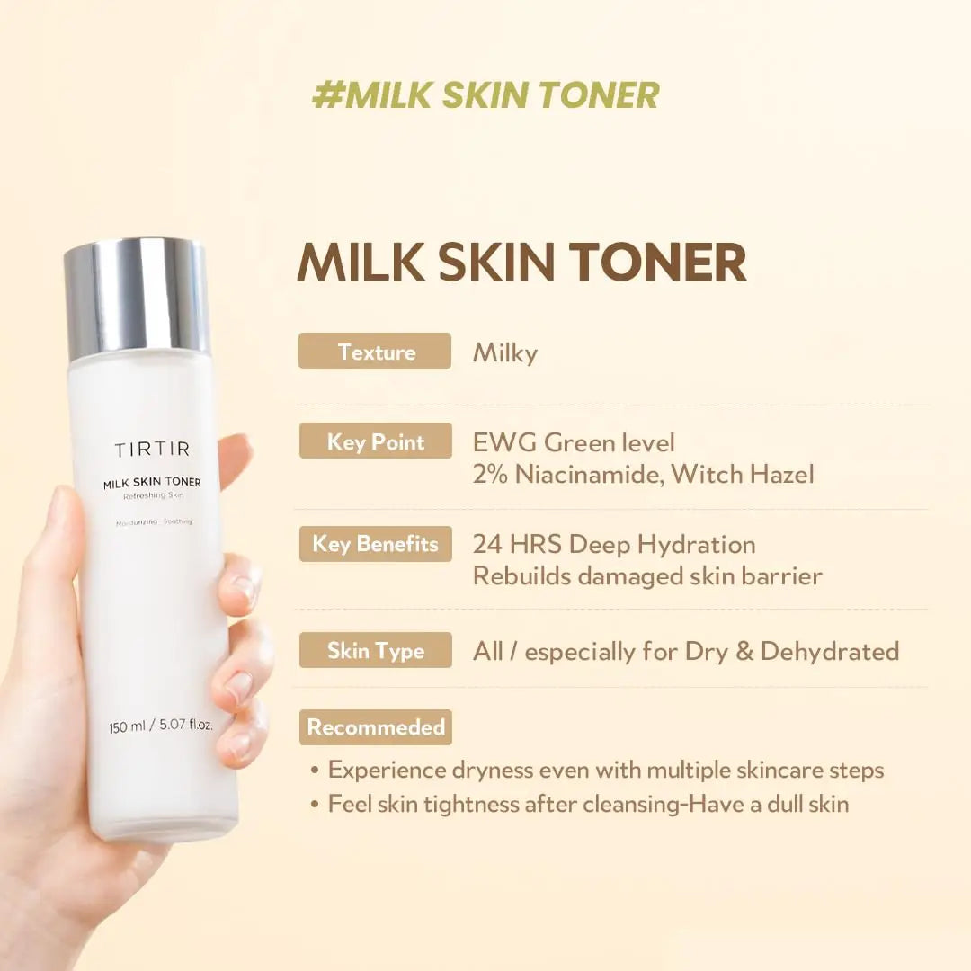 Hand holding a bottle of TIRTIR Milk Skin Rice Toner Light 150ml with text highlighting its milky texture, EWG green level ingredients, 24-hour deep hydration, and suitability for dry and dehydrated skin.