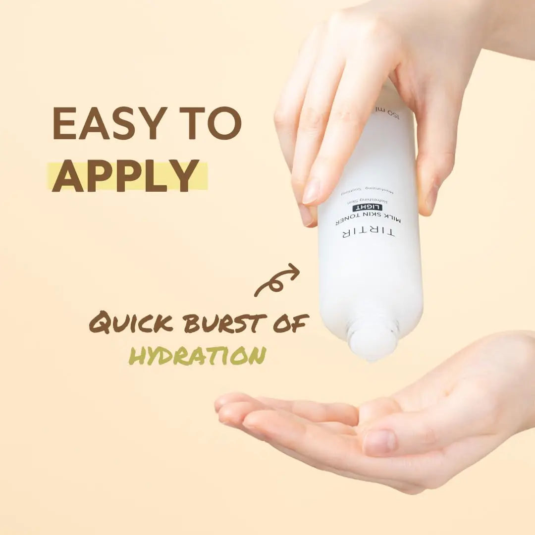 Hands holding and dispensing TIRTIR Milk Skin Rice Toner Light 150ml with text highlighting easy application and quick burst of hydration on a beige background