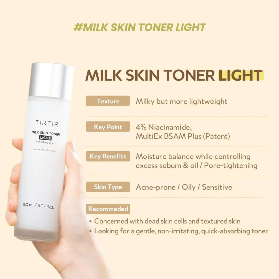 Hand holding a bottle of TIRTIR Milk Skin Rice Toner Light 150ml with text highlighting its lightweight milky texture, 4% niacinamide, moisture balance, pore-tightening benefits, and suitability for acne-prone, oily, and sensitive skin.