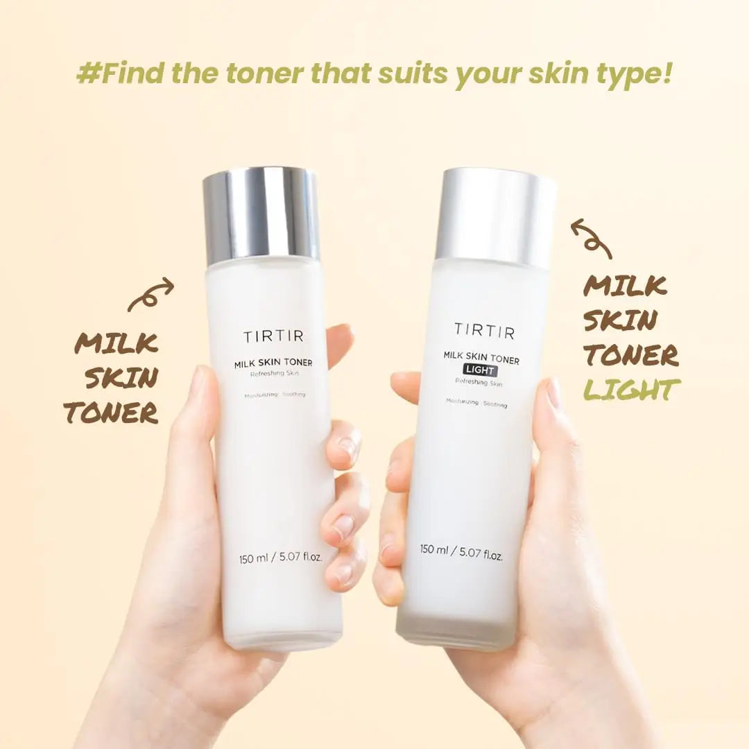 Two hands holding bottles of TIRTIR Milk Skin Rice Toner Light 150ml, one with silver cap labeled Milk Skin Toner and one with white cap labeled Milk Skin Toner Light, on a soft beige background with text promoting toner suited for different skin types.