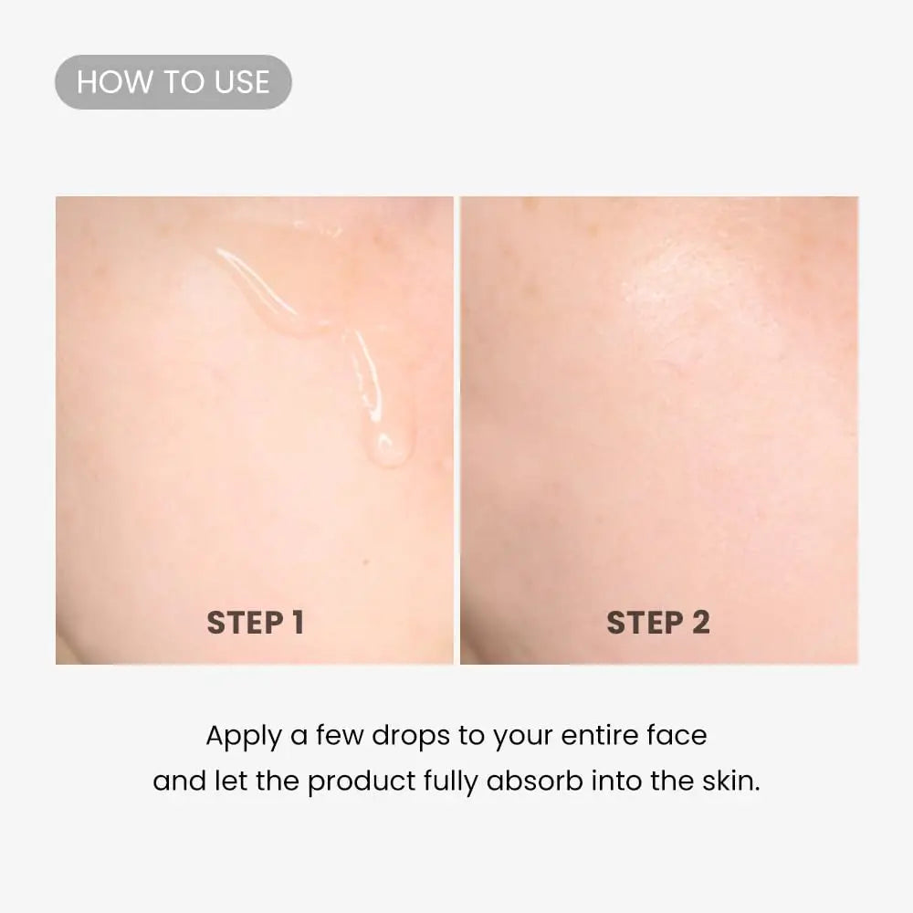 Close-up before and after application of TIRTIR SOS Serum 50ml on skin, showing clear, smooth skin texture after absorption.