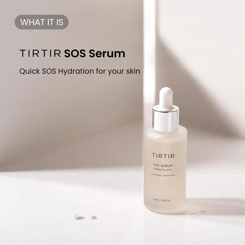 TIRTIR SOS Serum 50ml bottle with dropper on a white surface, showcasing quick hydration benefits for skin in a minimalist setting.