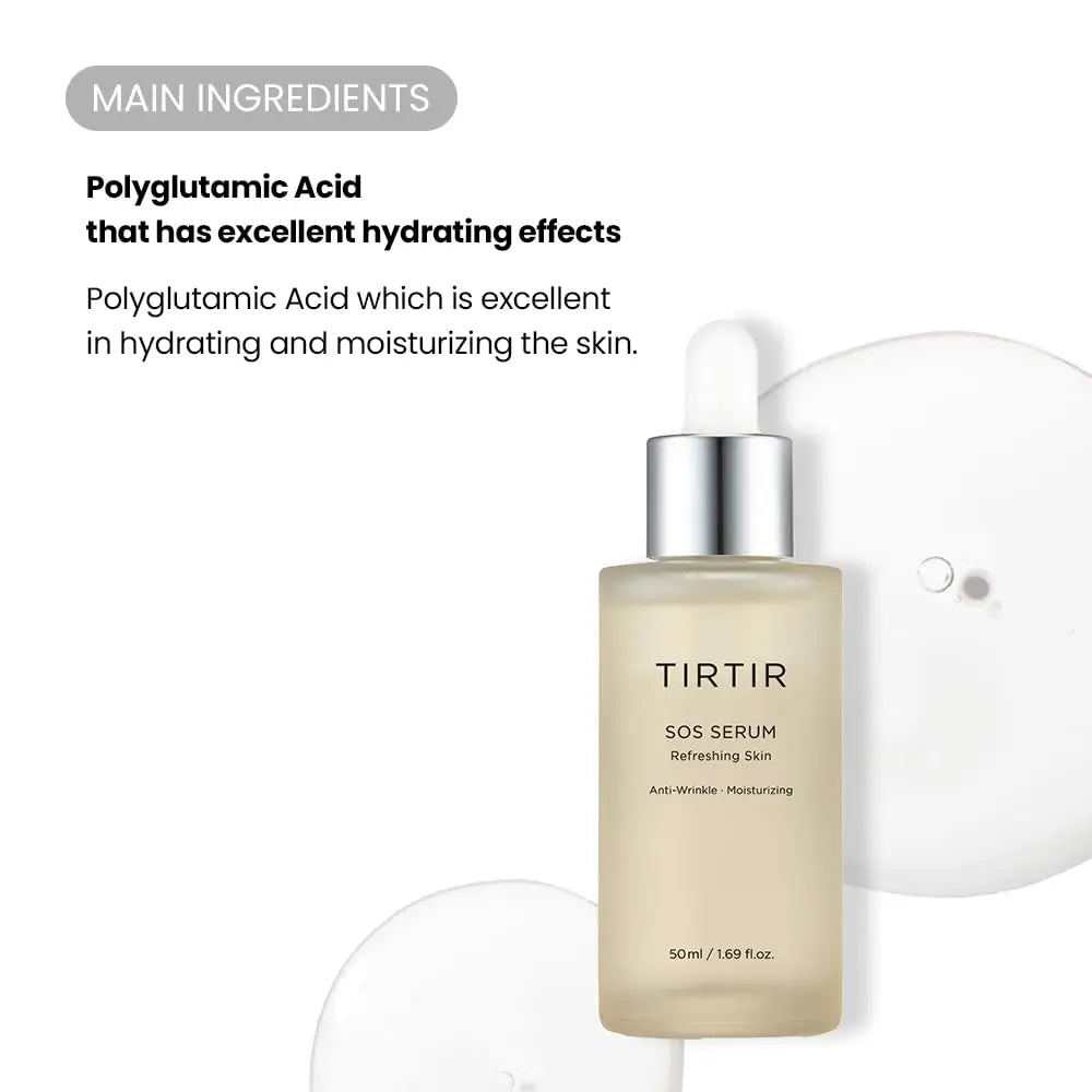 TIRTIR SOS Serum 50ml bottle with dropper on white background, highlighting main ingredient polyglutamic acid for excellent hydration and moisturizing effects on the skin.