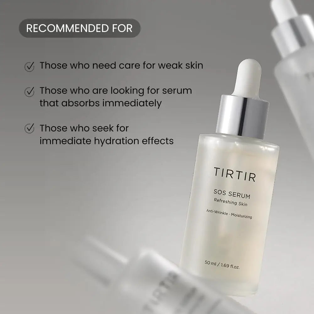 TIRTIR SOS Serum 50ml bottle with dropper on a light background, highlighting its benefits for weak skin, fast absorption, and immediate hydration effects.