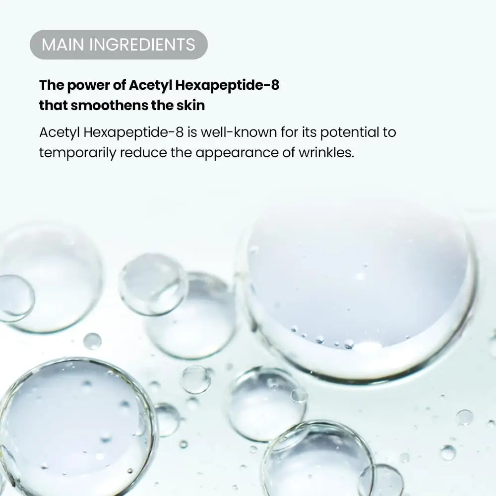 Clear serum droplets magnified on a light background with text describing the Acetyl Hexapeptide-8 ingredient in TIRTIR SOS Serum 50ml, highlighting its wrinkle-smoothing benefits.