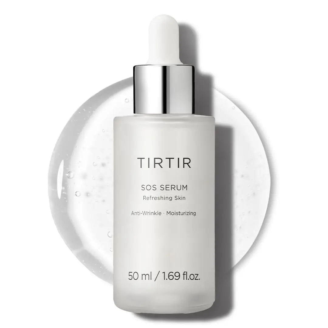 TIRTIR SOS Serum 50ml in a frosted glass bottle with a white dropper cap, placed on a clear gel texture background, highlighting anti-wrinkle and moisturizing effects.