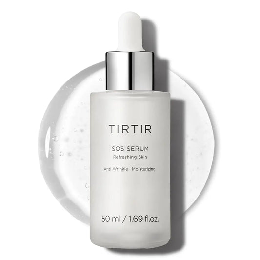TIRTIR SOS Serum 50ml in a frosted glass bottle with a white dropper cap, placed on a clear gel texture background, highlighting anti-wrinkle and moisturizing effects.