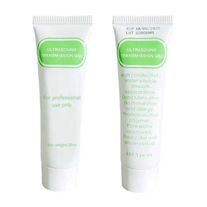 Tube of Ultrasound Transmission Gel for Fetal Dopplers diagnostic and ultrasound devices 30ml, white with green text, showing front and back with product details.