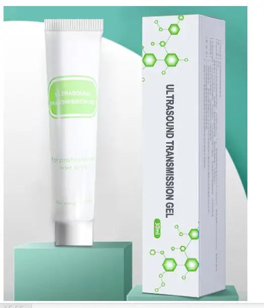 Tube and box packaging of Ultrasound Transmission Gel for Fetal Dopplers diagnostic and ultrasound devices 30ml displayed on a clean, modern background with green molecular graphics on the box.