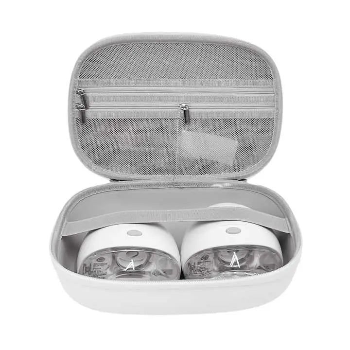 Wearable Breast Pump Case Waterproof Shockproof Hard Shell Carry case for Wearable Breast Pump,Breast Pump Case for,Hard Breast Pump Storage Pumping Carrying Ca in white with two breast pump units inside and zippered mesh compartments.