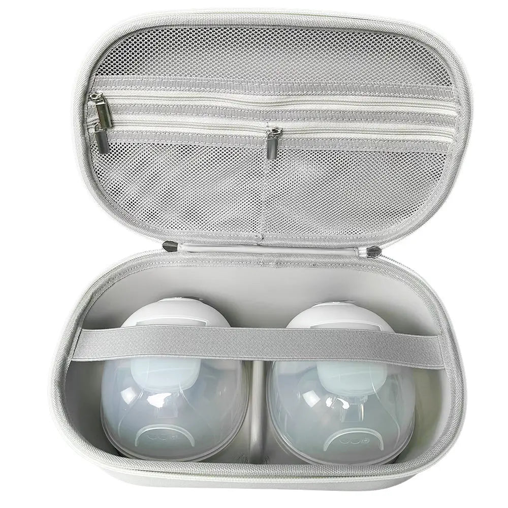 Wearable Breast Pump Case Waterproof Shockproof Hard Shell Carry case for Wearable Breast Pump,Breast Pump Case for,Hard Breast Pump Storage Pumping Carrying Ca in light gray open with two breast pump containers inside and zippered mesh pockets on the lid.
