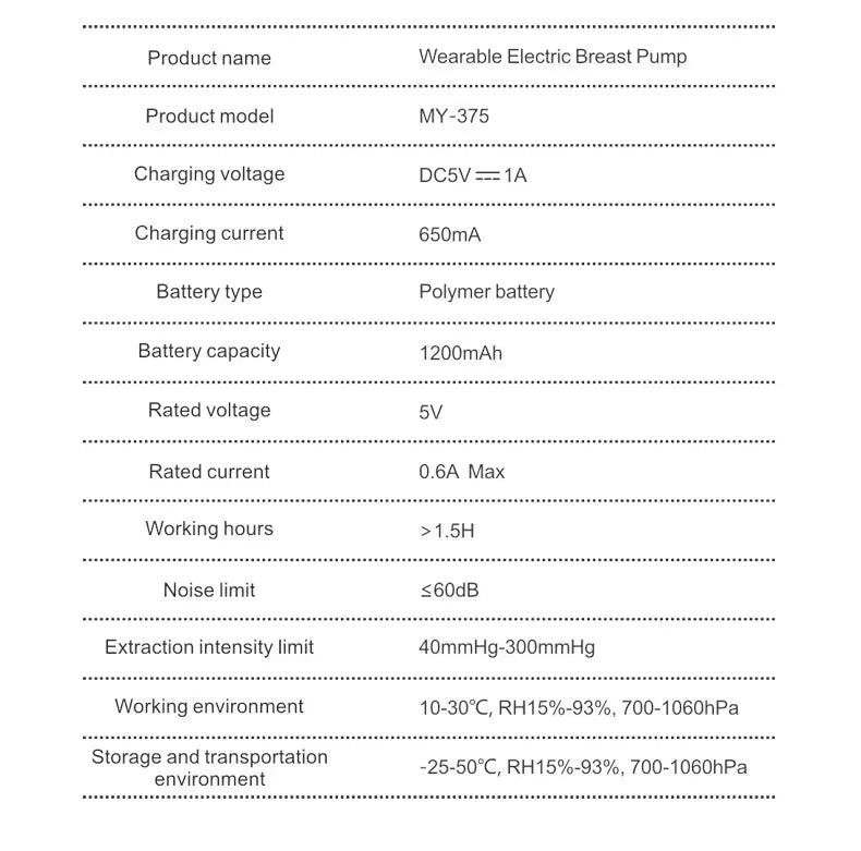 Specifications table for Wearable Electric Breast Pump for Breast Feeding Pump BPA-Free Hands-Free 4 Modes and 12 Levels Breast Pump with LED Display, 1 piece showing model MY-375, battery type polymer with 1200mAh capacity, DC5V charging, working hours over 1.5 hours, noise limit 60dB, and extraction intensity limit 40-300 mmHg.