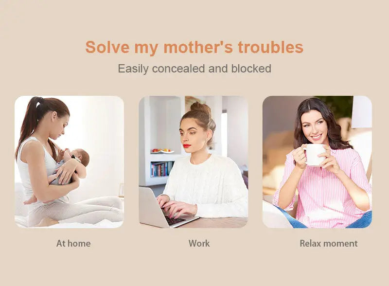 Three images showing a mother breastfeeding at home, a woman working on a laptop, and a woman relaxing with a cup, illustrating ease of use and discretion of the Wearable Electric Breast Pump for Breast Feeding Pump BPA-Free Hands-Free 4 Modes and 12 Levels Breast Pump with LED Display, 1 piece.