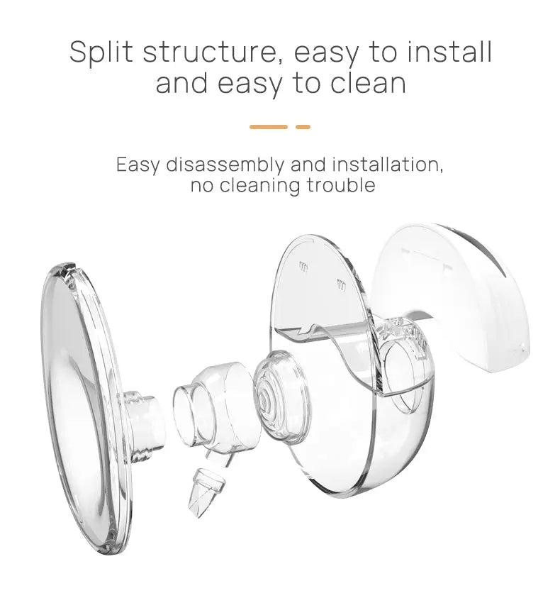 Wearable Electric Breast Pump for Breast Feeding Pump BPA-Free Hands-Free 4 Modes and 12 Levels Breast Pump with LED Display, 1 piece showing clear split structure for easy disassembly and cleaning.