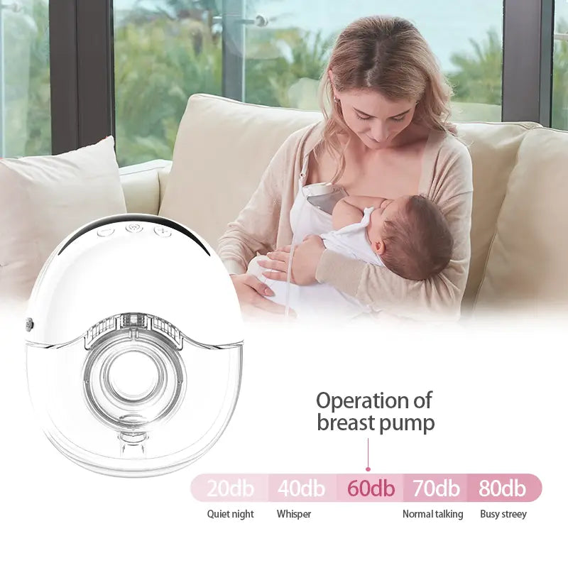 Woman using Wearable Electric Breast Pump for Breast Feeding Pump BPA-Free Hands-Free 4 Modes and 12 Levels Breast Pump with LED Display, 1 piece, shown with noise level comparison from quiet night to busy street.