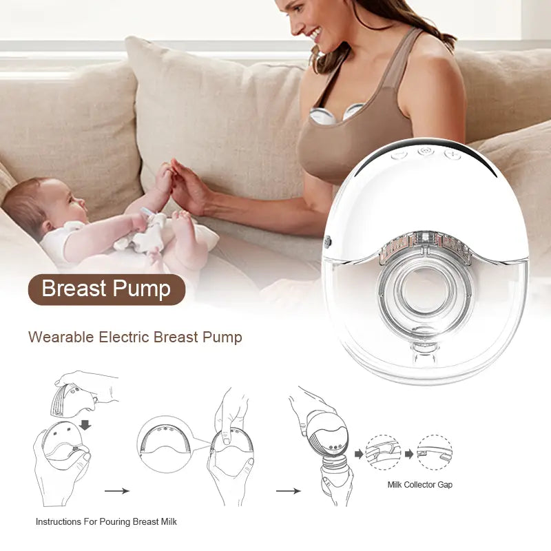 Woman using Wearable Electric Breast Pump for Breast Feeding Pump BPA-Free Hands-Free 4 Modes and 12 Levels Breast Pump with LED Display, 1 piece, showing milk collection and pump instructions.