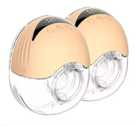 Pair of wearable electric breast pumps for breastfeeding featuring BPA-free material, hands-free design, 4 modes, 12 levels, and LED display, labeled Wearable Electric Breast Pump for Breast Feeding Pump BPA-Free Hands-Free 4 Modes and 12 Levels Breast Pump with LED Display, 2 piece.