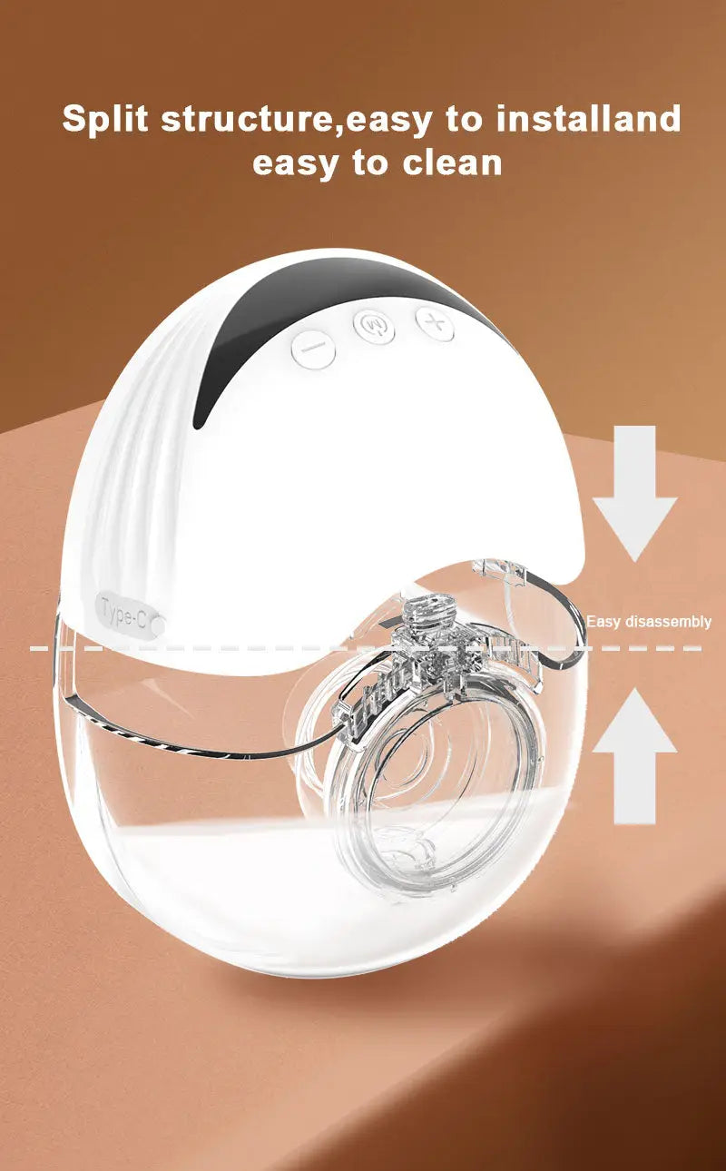 Wearable Electric Breast Pump for Breast Feeding Pump BPA-Free Hands-Free 4 Modes and 12 Levels Breast Pump with LED Display, 1 piece showing split structure for easy installation and cleaning with clear disassembly arrows.