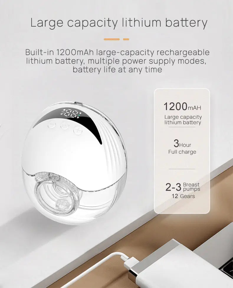 Wearable Electric Breast Pump for Breast Feeding Pump BPA-Free Hands-Free 4 Modes and 12 Levels Breast Pump with LED Display, 1 piece showing large capacity 1200mAh lithium battery, fast charging and digital controls.