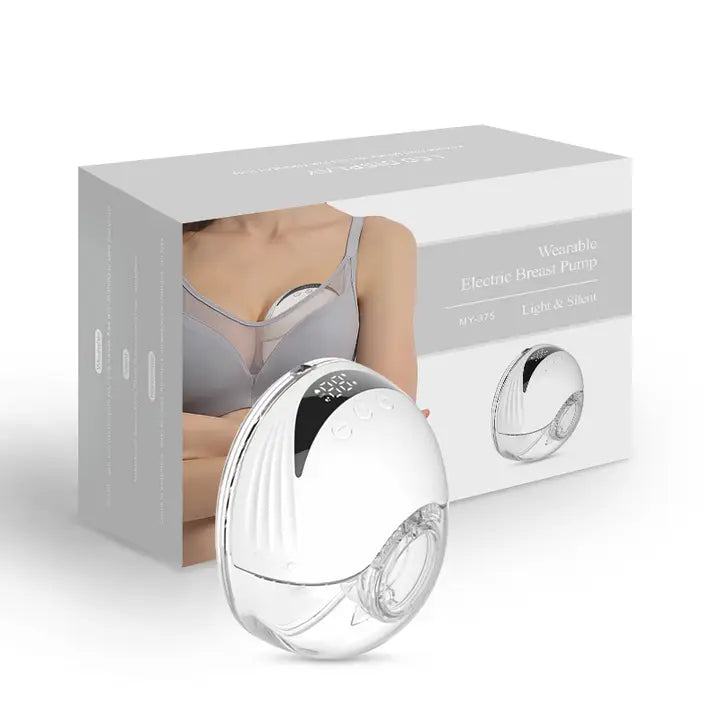 Wearable Electric Breast Pump for Breast Feeding Pump BPA-Free Hands-Free 4 Modes and 12 Levels Breast Pump with LED Display, 1 piece shown with packaging and device in white and transparent design.